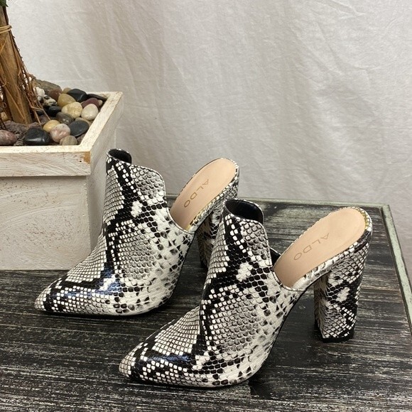 Aldo Ivory & Gray Snake Python Print Block Heel Slide Booties 6 - Picture 1 of 6